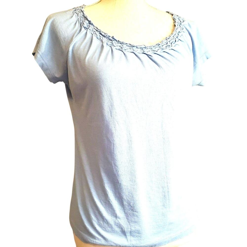 Talbots Petites Top Size Mp Petite Blue Woven Look Neckline Cap Sleeves Stretch